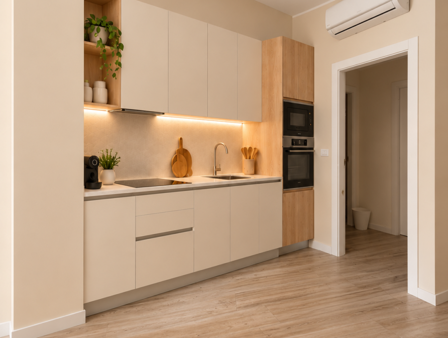 Cucina moderna in avorio e rovere